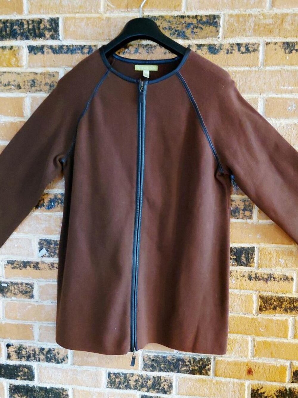 NWT Sigrid Olson Brown Cotton Knit Leather Trim Coat